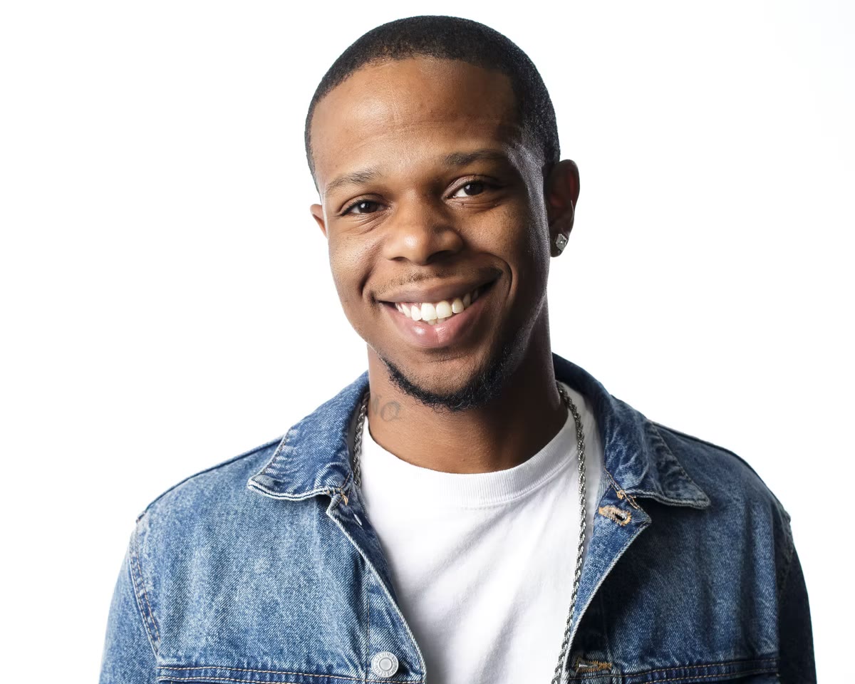 Personal brand portrait in denim jacket on white