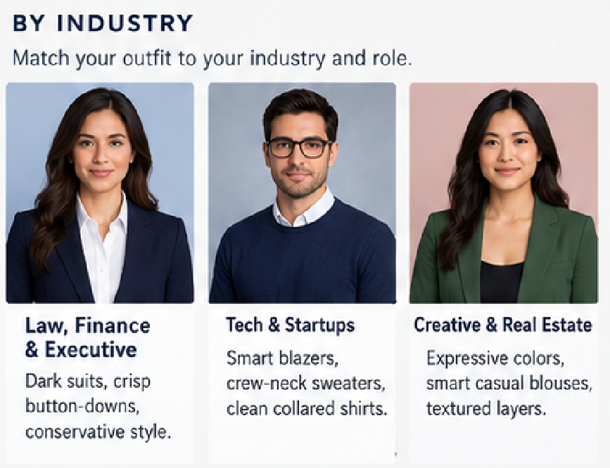 Headshot outfits by industry: law and finance, tech, creative and real estate