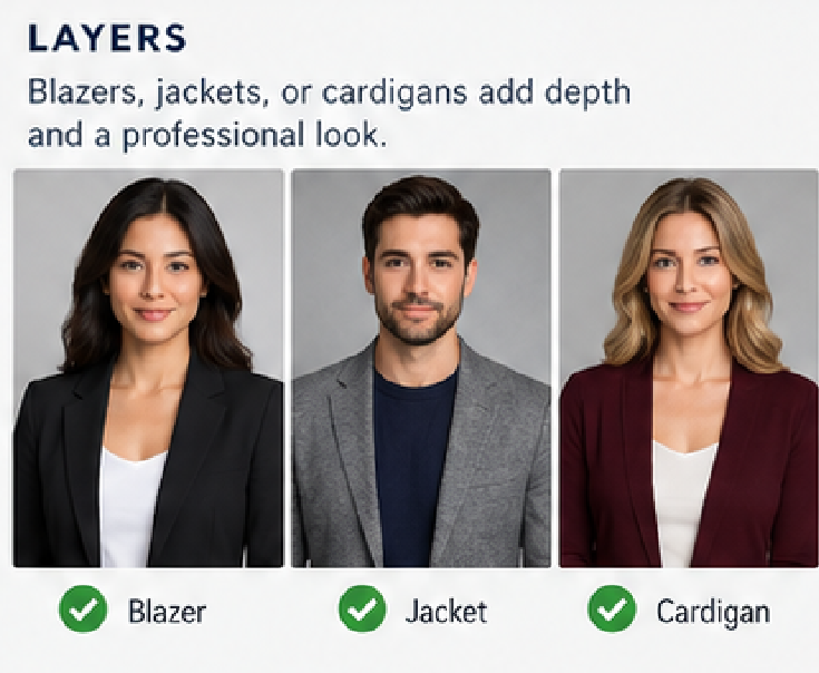 Blazer, jacket and cardigan layering for headshots